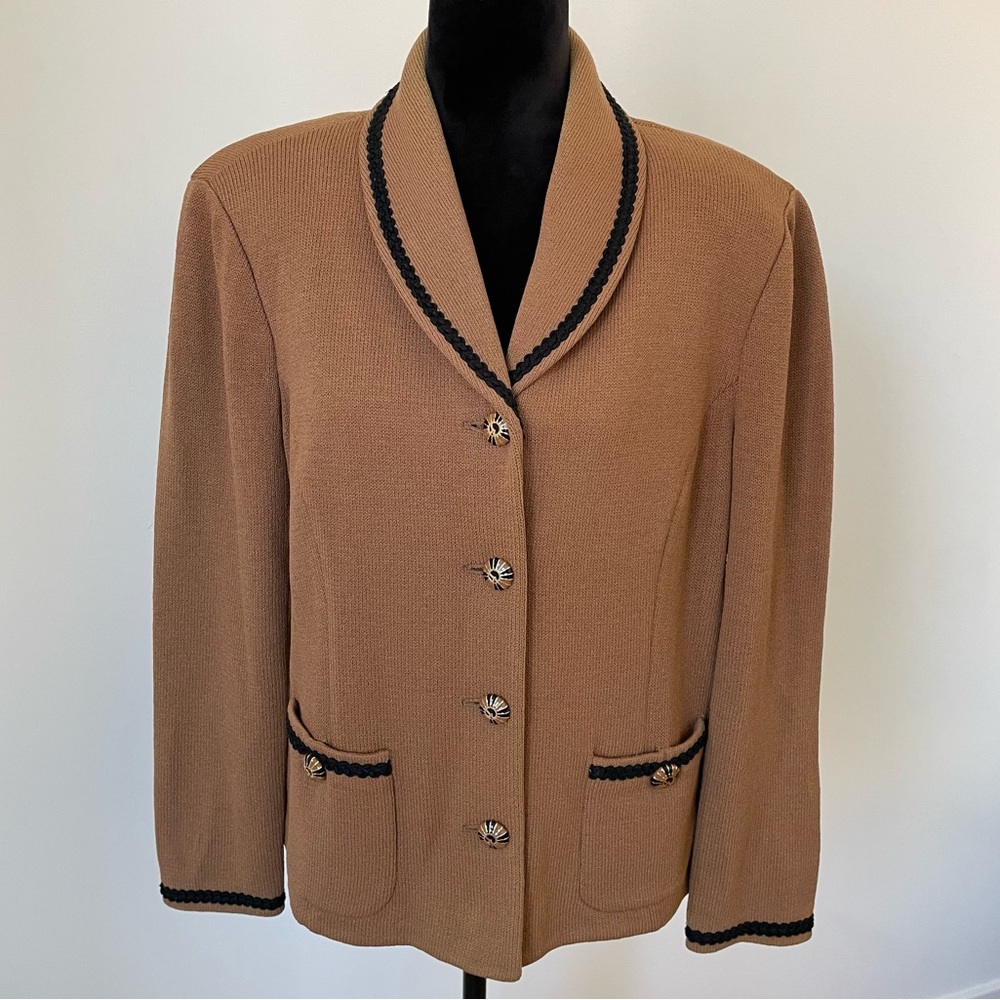 St. John Collection Brown Santana Knit Black Trim Wool Blend Blazer Jacket Sz 14